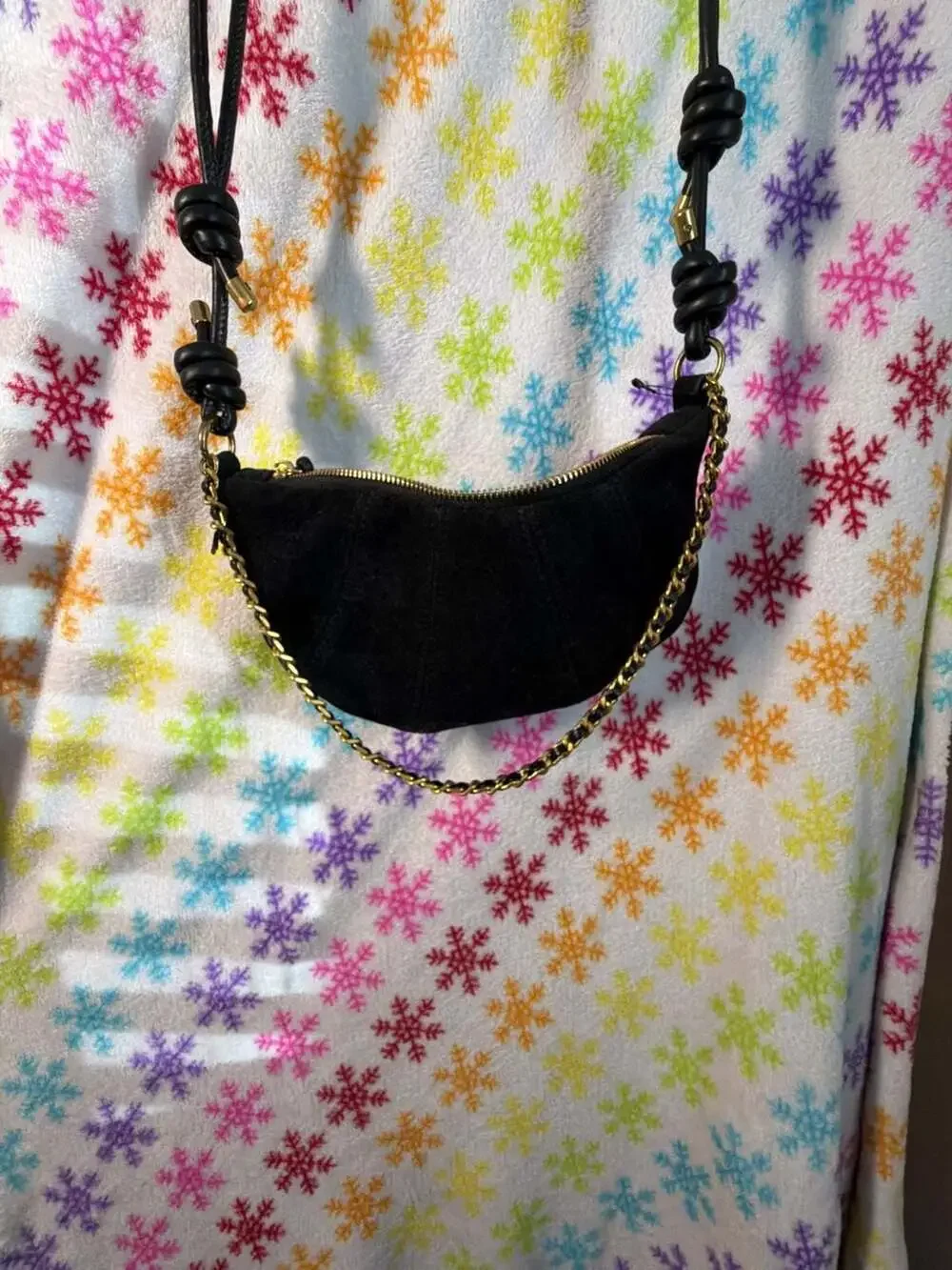 Black Faux Suede Crescent Moon Shoulder Bag with Chain and Knot Detail